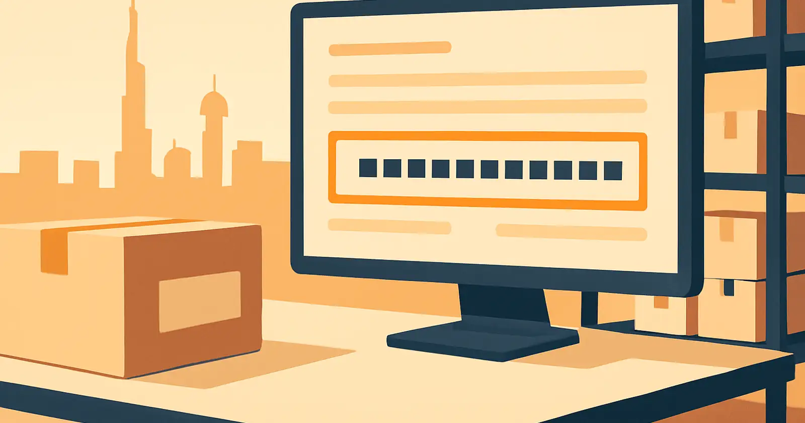 Customs declaration screen showing a 12-digit UAE tariff code on a shipment in a Dubai warehouse, brand orange accents on the code field
