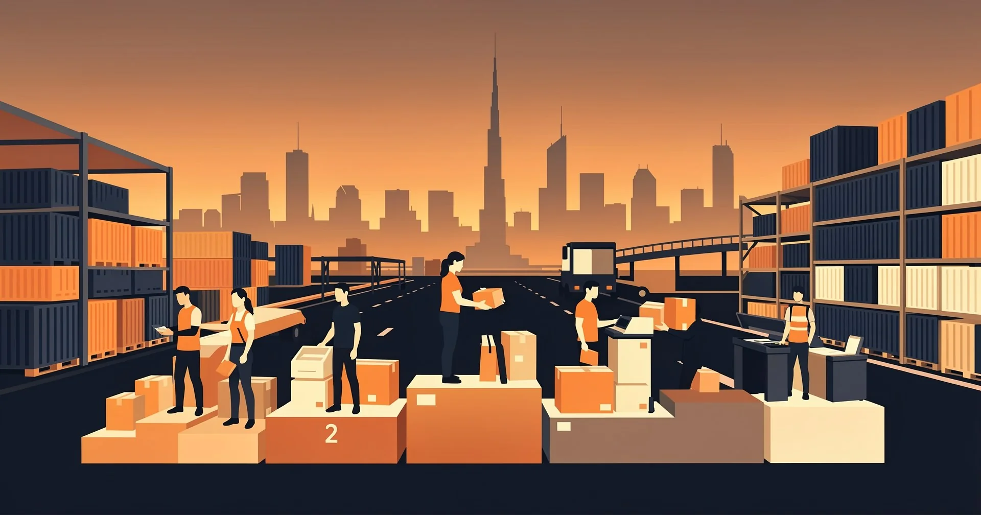Fulfillment operators line a tiered podium in a Dubai free-zone logistics park, each running a warehouse bay scaled to its seller type, from a solo founder to a high-volume 3PL handler.