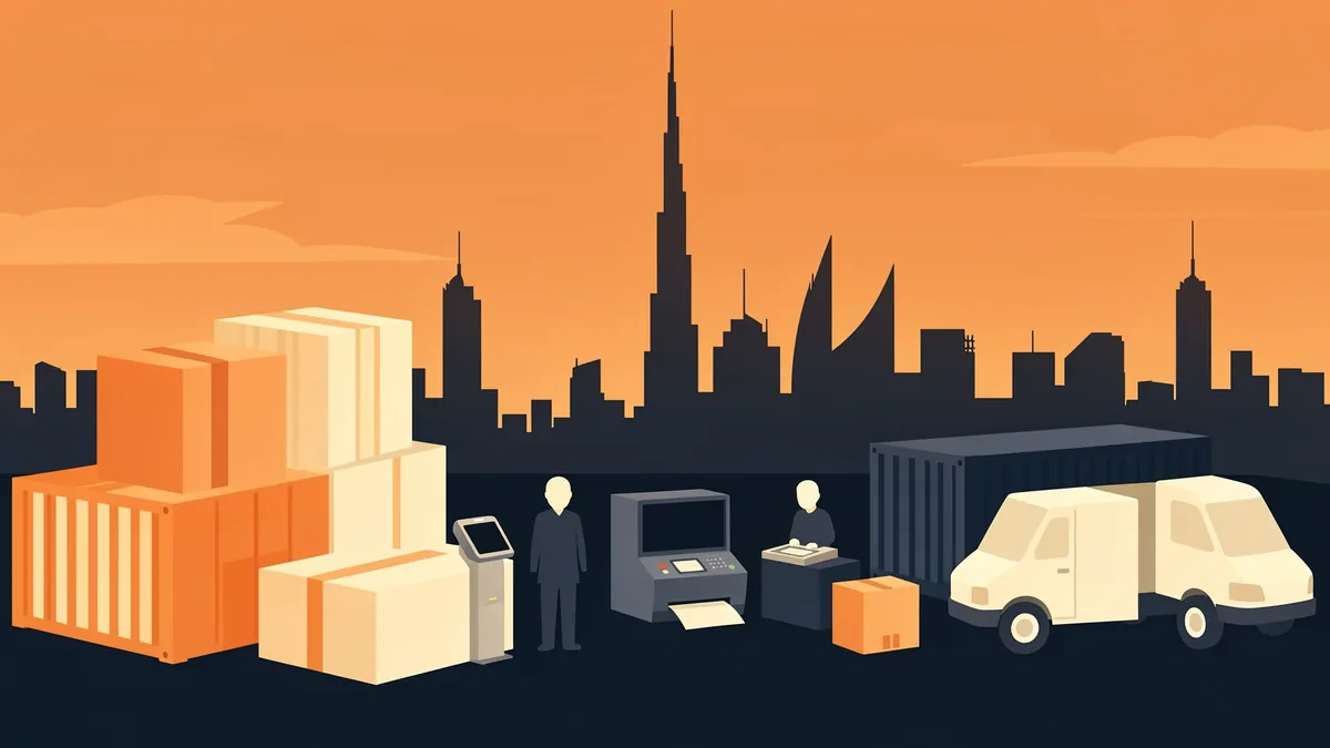 Editorial illustration of a Dubai free-zone fulfillment operation showing inbound freight, warehouse storage, and multi-marketplace order dispatch
