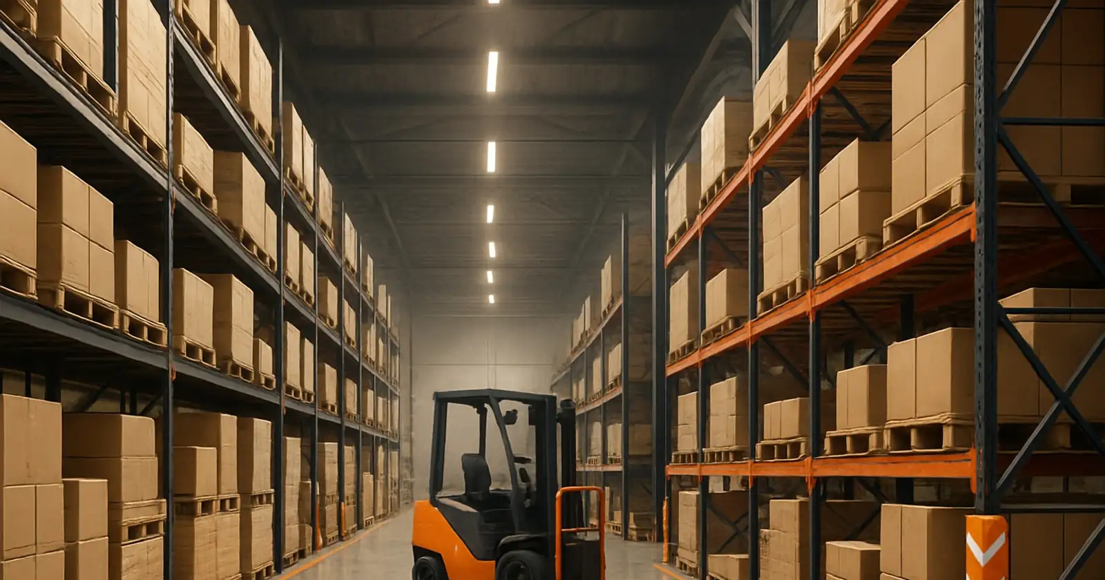 Real working warehouse interior in Dubai, steel shelving with stacked cardboard boxes and a forklift in orange brand accents