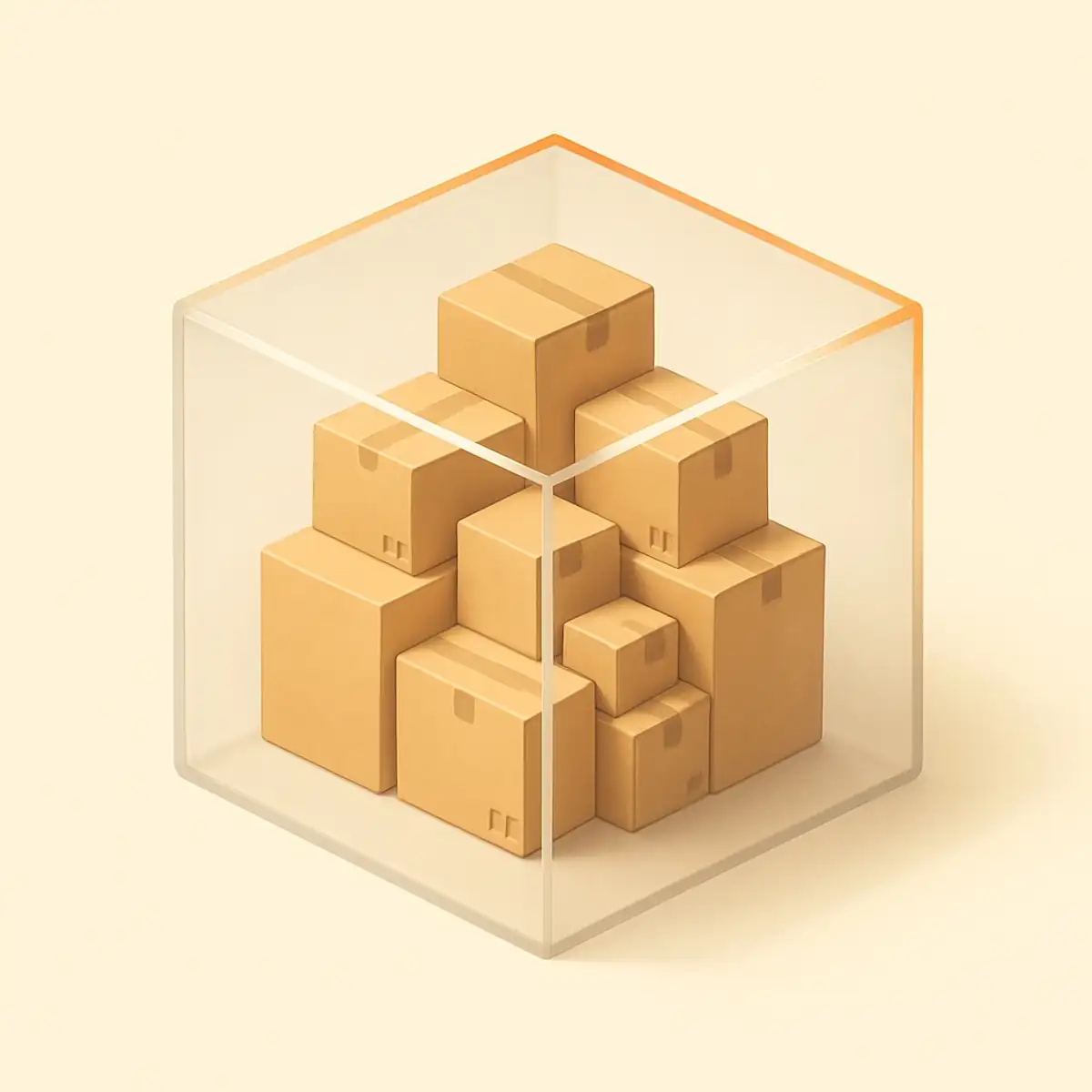 Conceptual cube illustrating one cubic meter of stored cardboard boxes