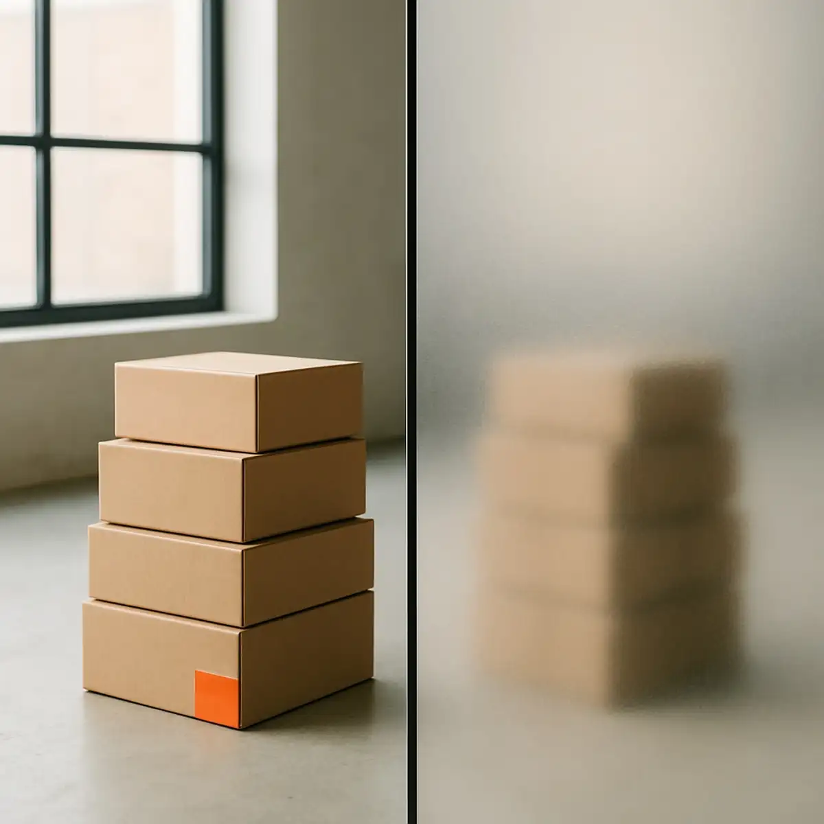 Split-frame metaphor for transparent versus opaque pricing, identical objects shown clearly through glass on the left and obscured by frosted glass on the right