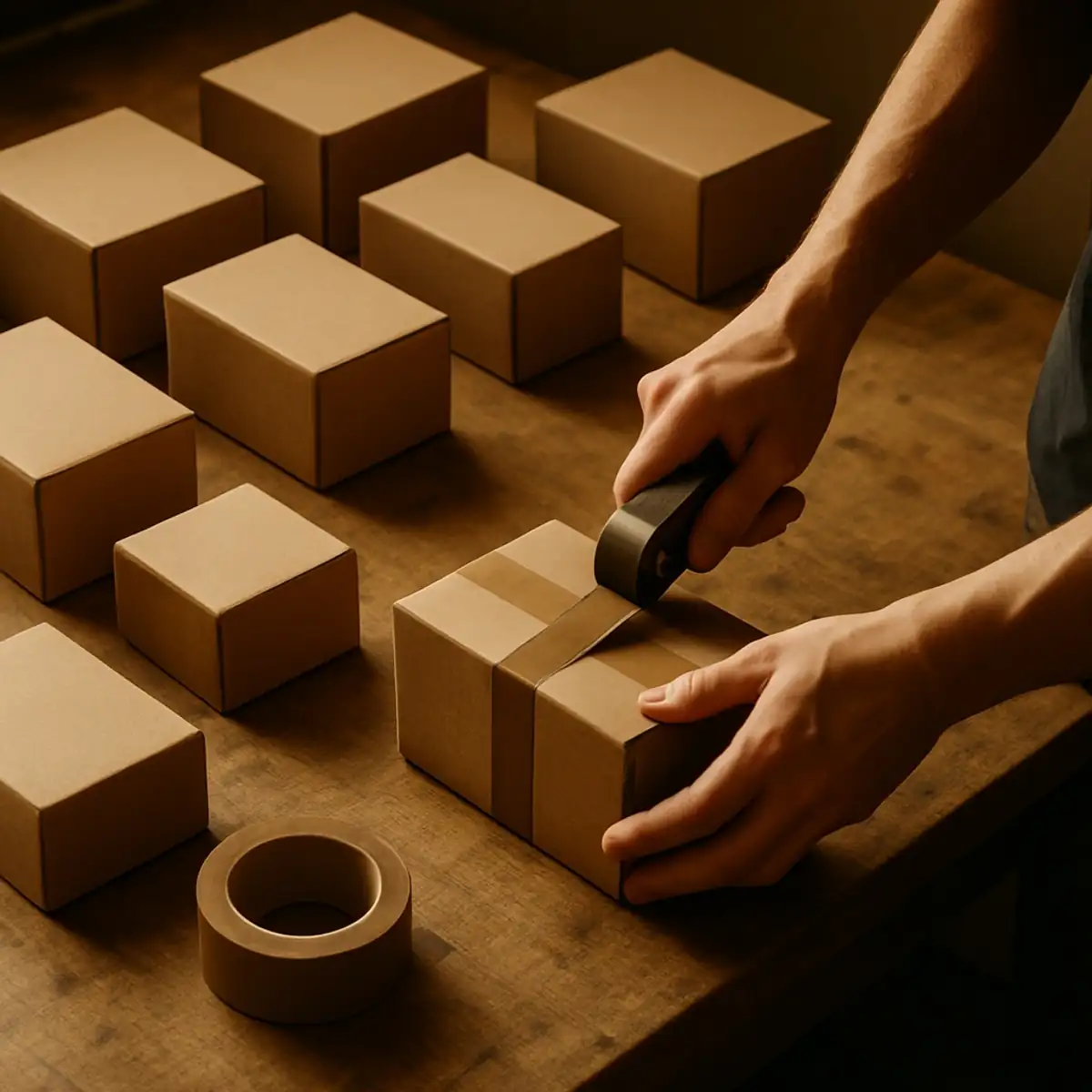 Hands taping cardboard boxes on a workbench, the per-order operational reality behind a pick-and-pack rate