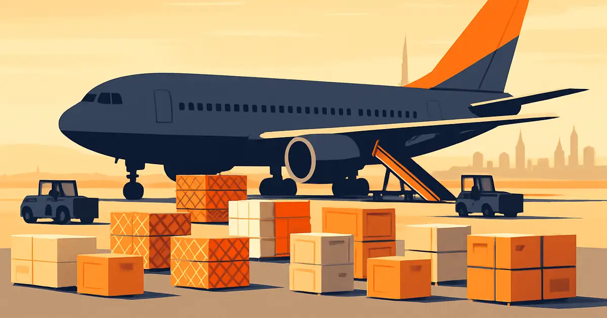 Cargo plane on the tarmac at golden hour with stacked freight pallets in brand orange accents being loaded toward the hold