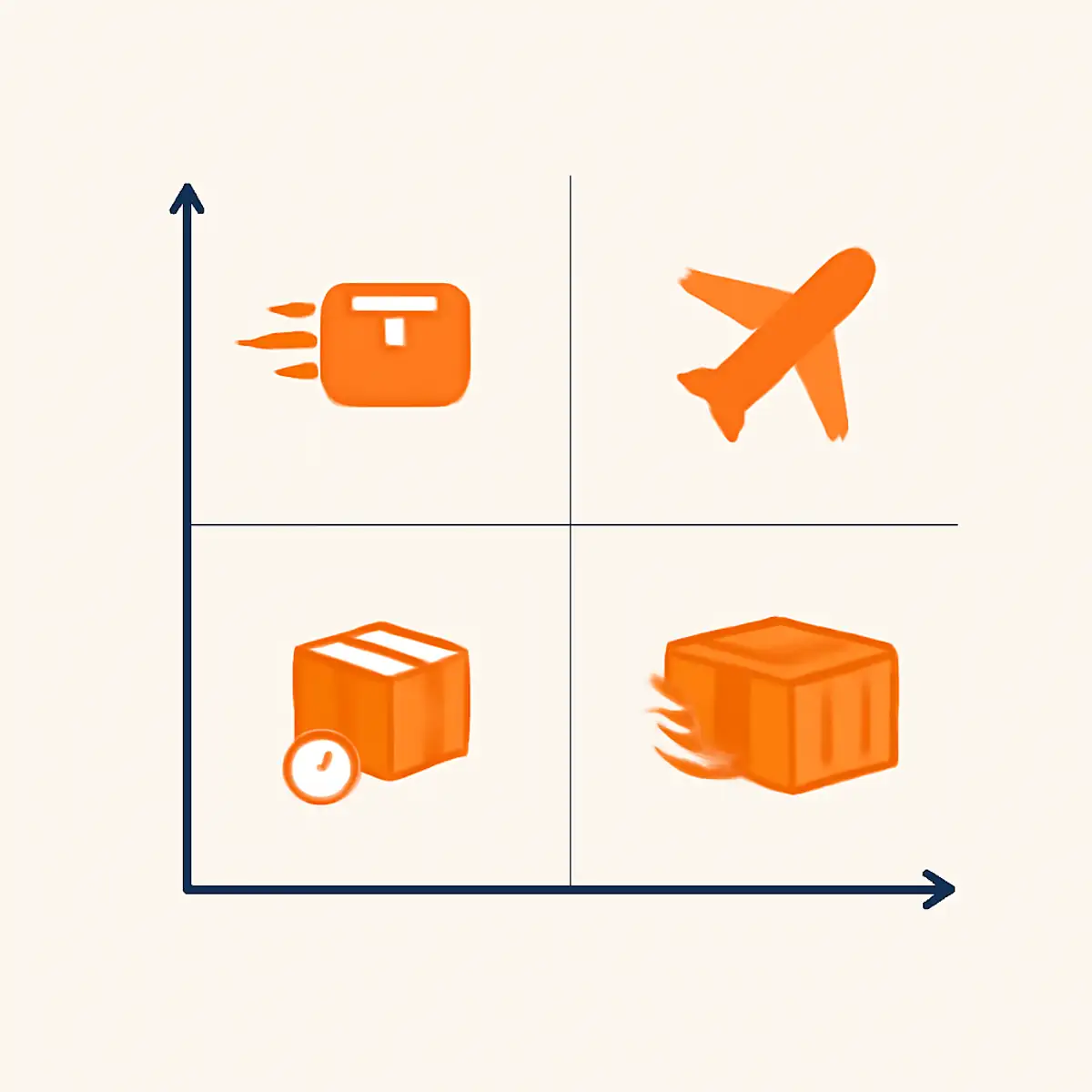 Decision matrix visualization showing air freight, sea freight, and express courier as three quadrants based on cargo volume and urgency, with brand orange highlights on the optimal decision regions