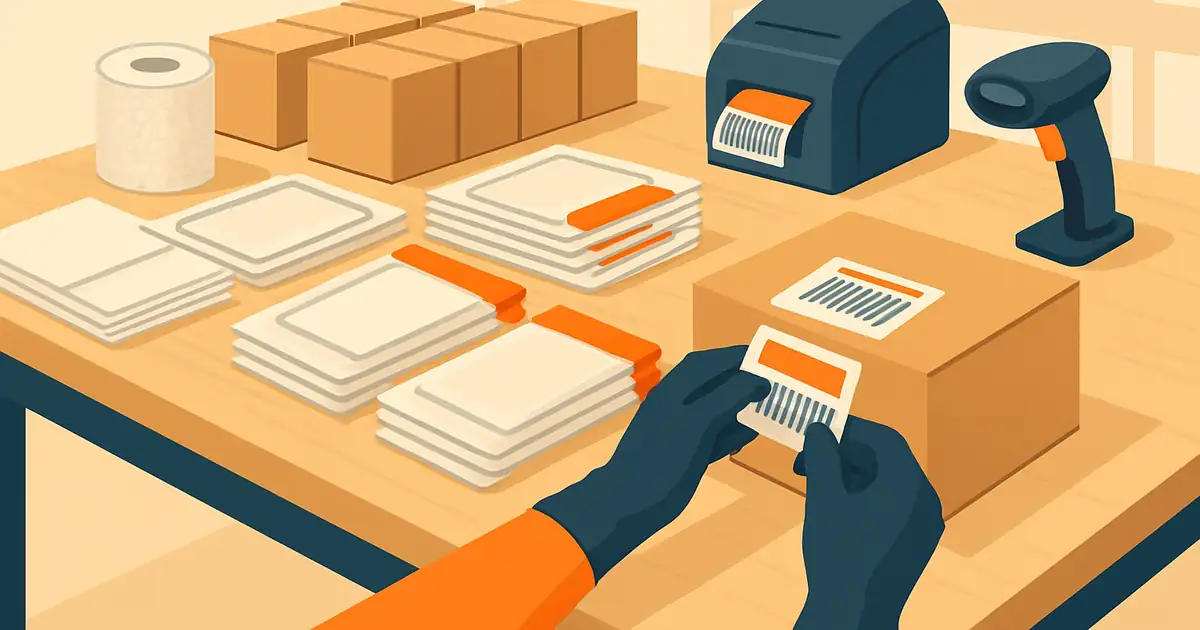 FBA prep workstation with FNSKU labels, polybags, and a scanner, brand-orange accents on the labeling tools and inventory bins