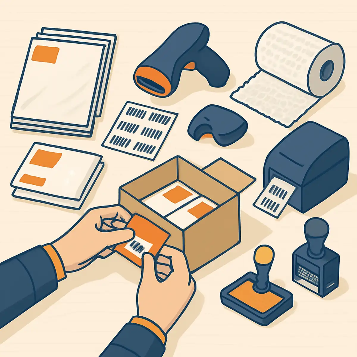 FBA prep workstation with FNSKU labels, polybags, expiration date stamps, and a barcode scanner on a clean workbench, brand orange accents on the active tools