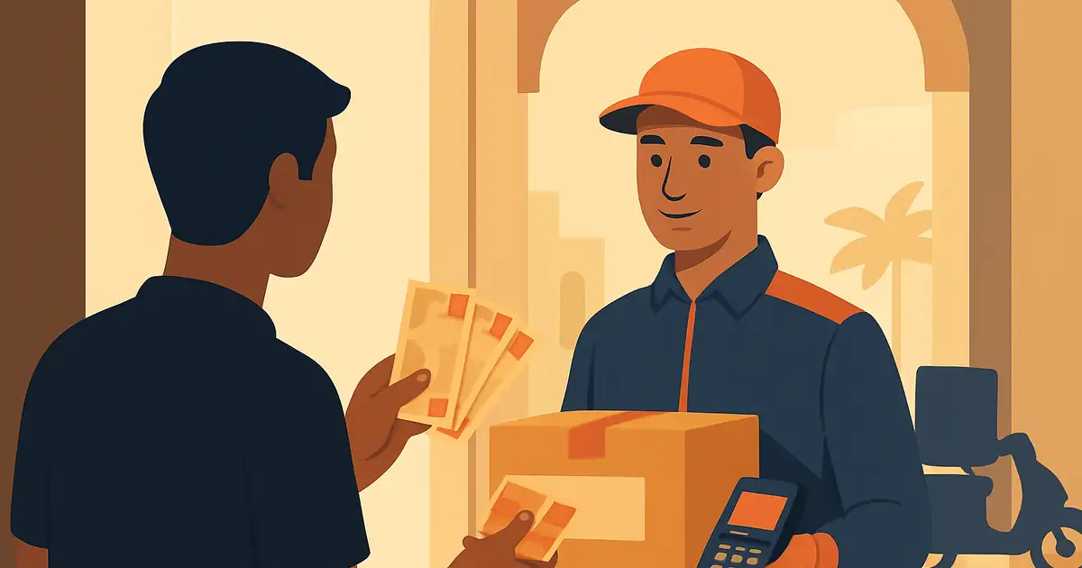 Delivery driver handing a package to a customer at their door, customer counting AED notes for cash on delivery payment, brand orange accents on the package and money