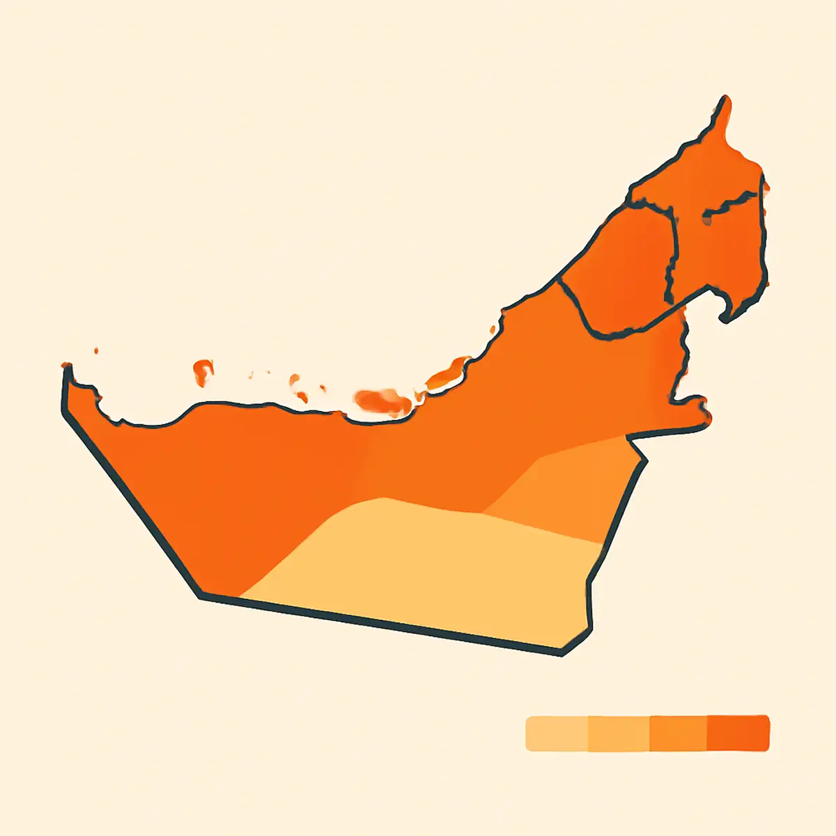 UAE map with COD share by emirate visualized as a heat map, with brand orange highlighting the higher-COD-share northern emirates and lighter shades on Dubai and Abu Dhabi