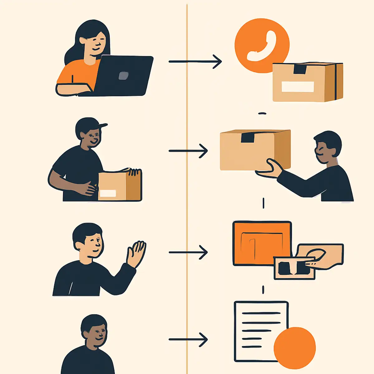 Side-by-side comparison of COD versus prepaid order workflows on a clean operational scene, showing the additional steps required for COD verification, collection, and reconciliation, with brand orange accents on the COD-specific operational steps