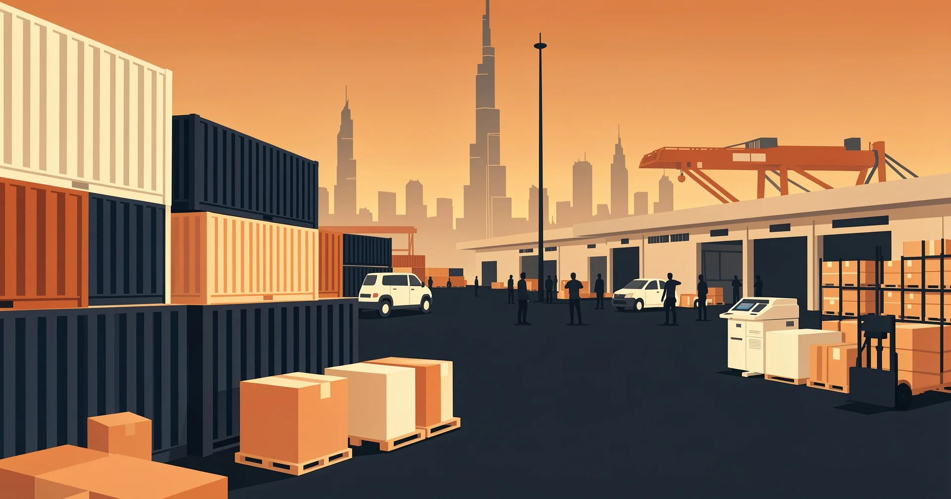 منسق لوجستي يراجع بيانات الشحن أمام حاويات مكدسة في محطة حاويات بدبي حيث ترفع الرافعات الصناديق نحو مستودع منطقة حرة بجوار ساحات التخليص الجمركي ورفوف التخزين