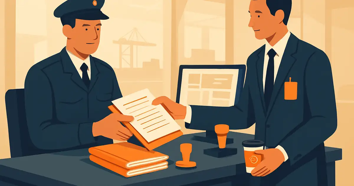 Dubai Customs clearance counter with documents being processed and reviewed by inspection officers, brand orange accents on the document folders and stamps
