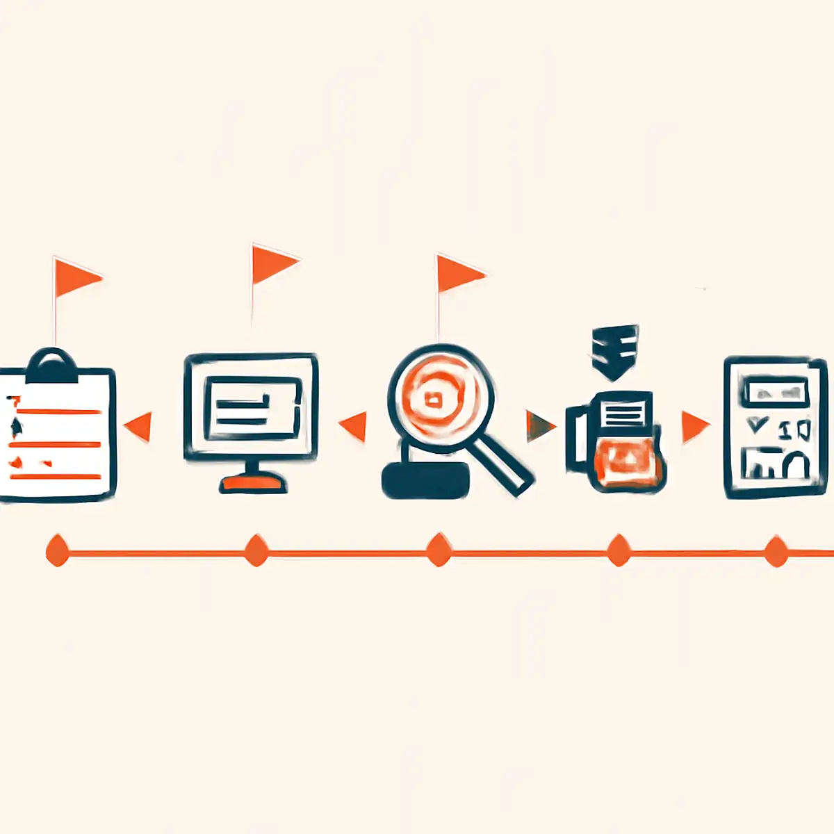 Customs clearance flow visualization showing the seven-step process from pre-arrival document filing through inspection, duty calculation, payment, and cargo release, with brand orange highlighting the critical decision points
