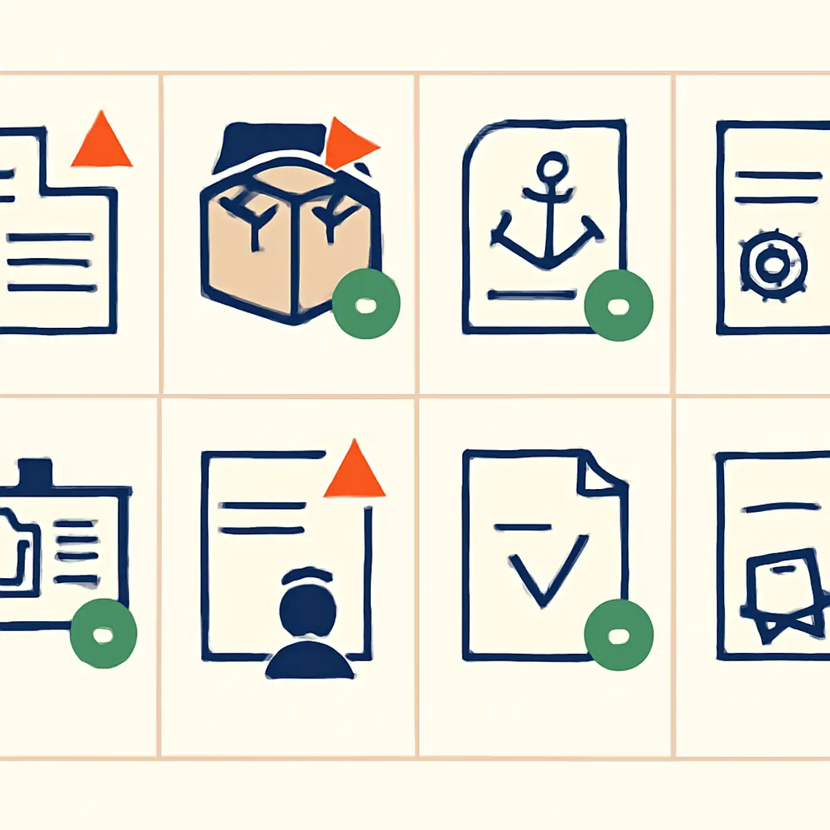 Document compliance grid showing pass and fail patterns across the eight-document customs set, with brand orange highlighting the documents most often associated with delays