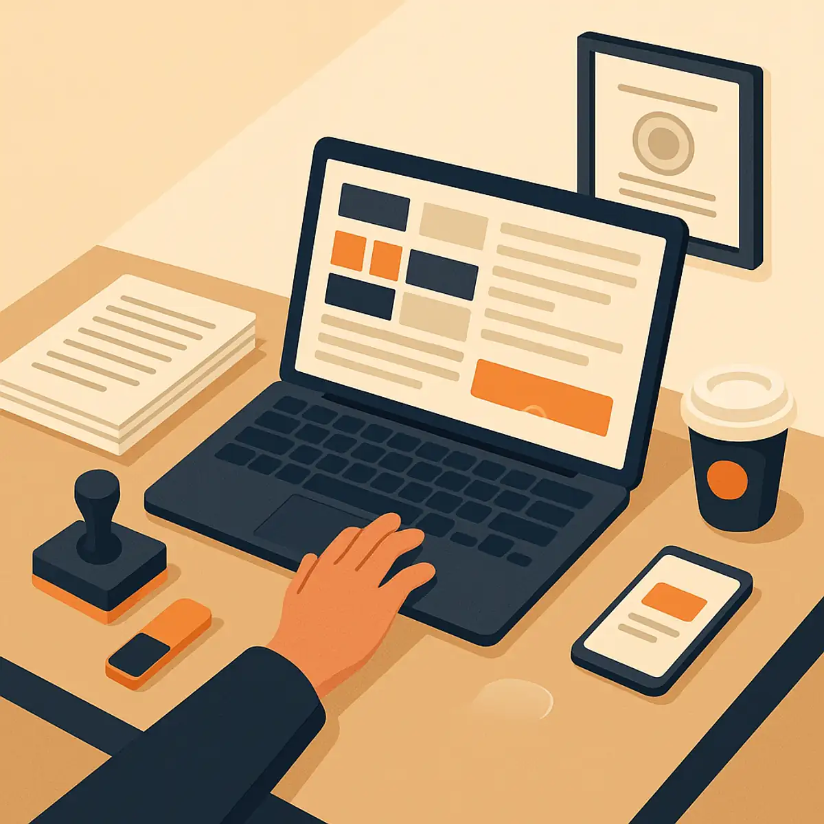 Mirsal 2 / Dubai Trade portal interaction scene showing a customs broker working through the declaration filing interface on a laptop, with stamped paper documents and a digital screen showing the declaration status, brand orange accents on the active workflow elements