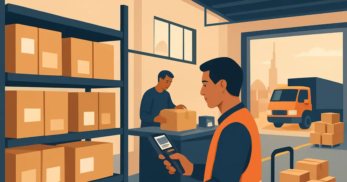 UAE warehouse interior with stacked small-batch inventory from Chinese suppliers, dispatch operations preparing same-day parcels, brand orange accents on the active fulfillment workstations