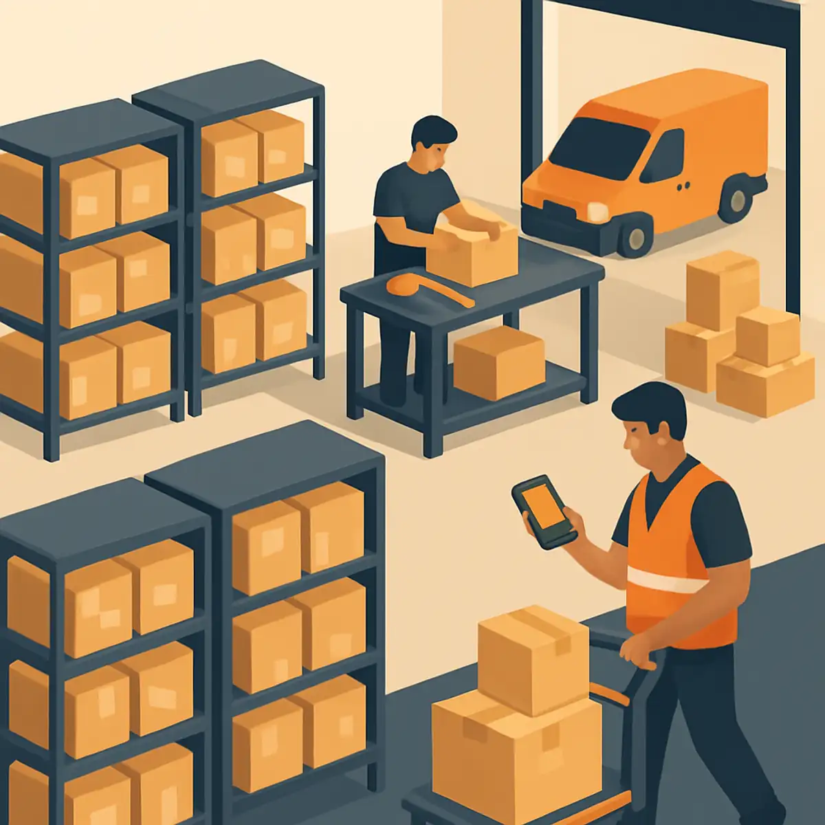 UAE warehouse interior scene showing small-batch dropshipping inventory organized in compact shelving, a picker preparing same-day dispatch parcels, smartphone-based scanning workflow, brand orange accents on the active fulfillment operations