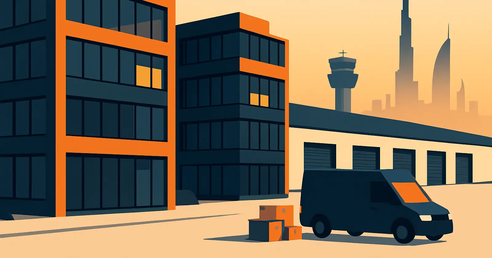 Dubai CommerCity ecommerce free zone buildings near Dubai International Airport, glass facades with logistics warehouses behind, brand orange accents