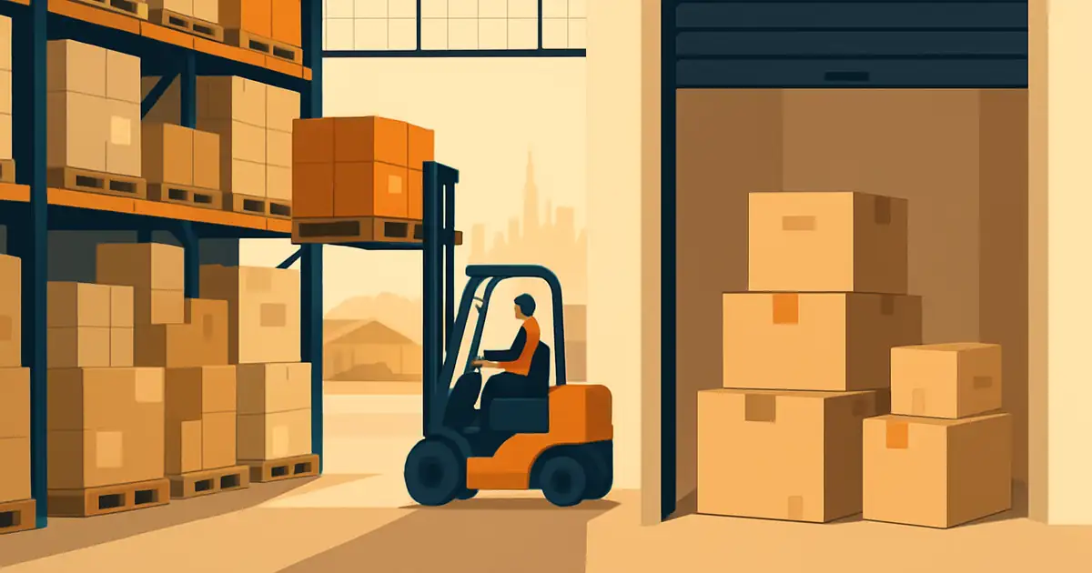 Dubai industrial warehouse interior with stacked pallets of inventory, brand orange accents on selected cartons and forklift, contrasted with a smaller self-storage unit visible in the background