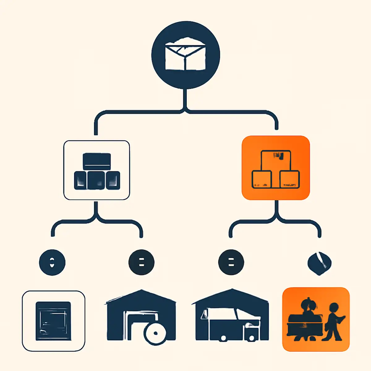Decision flowchart visualization for Dubai storage selection, branching by monthly order volume, access frequency, and SKU temperature sensitivity, with three terminal recommendations highlighted in brand orange
