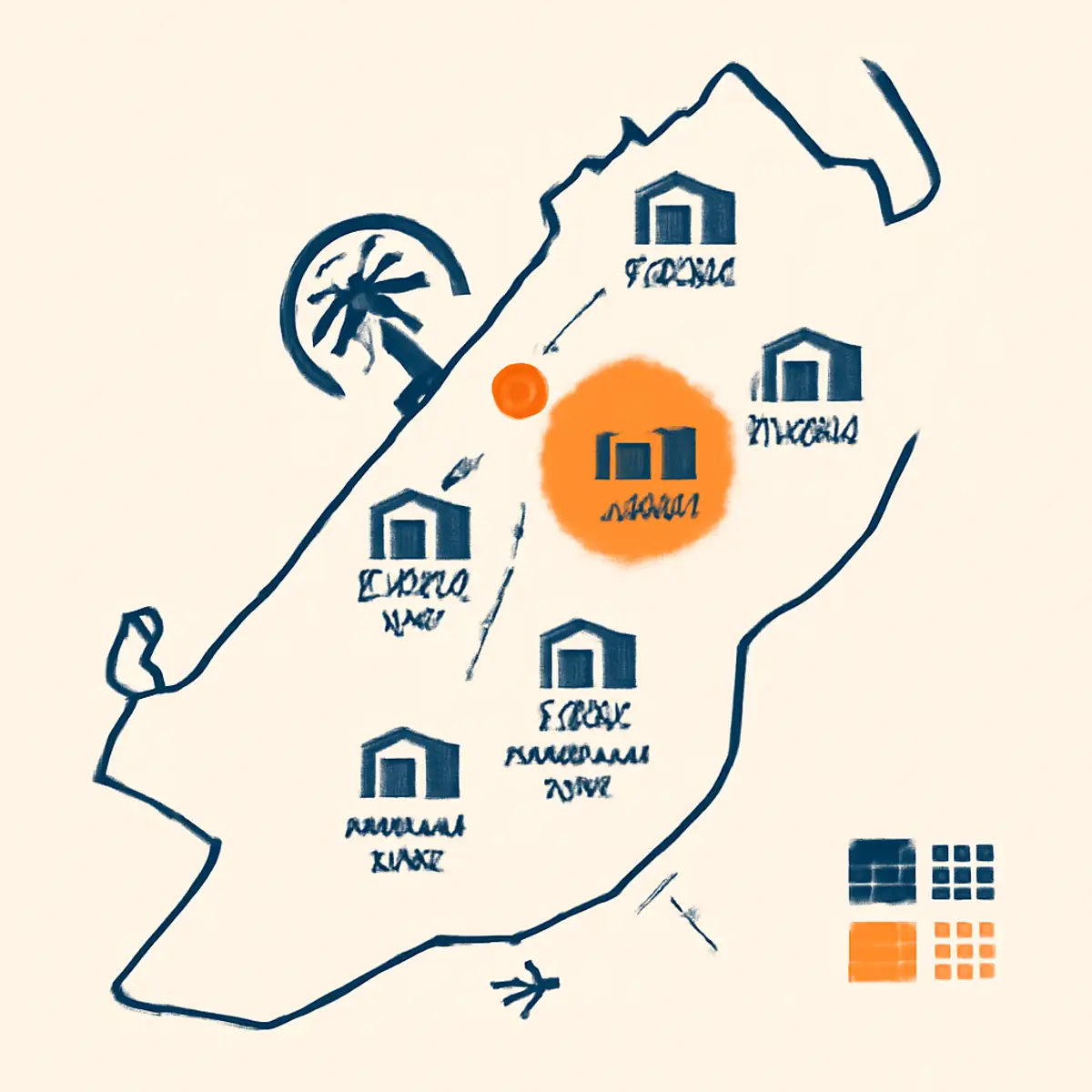 Stylized map of Dubai showing the major industrial storage zones (Al Quoz, Ras Al Khor, DIP, DIC, JAFZA, Dubai South) with brand orange highlighting Ras Al Khor as the balance-point location and distance markers to central Dubai