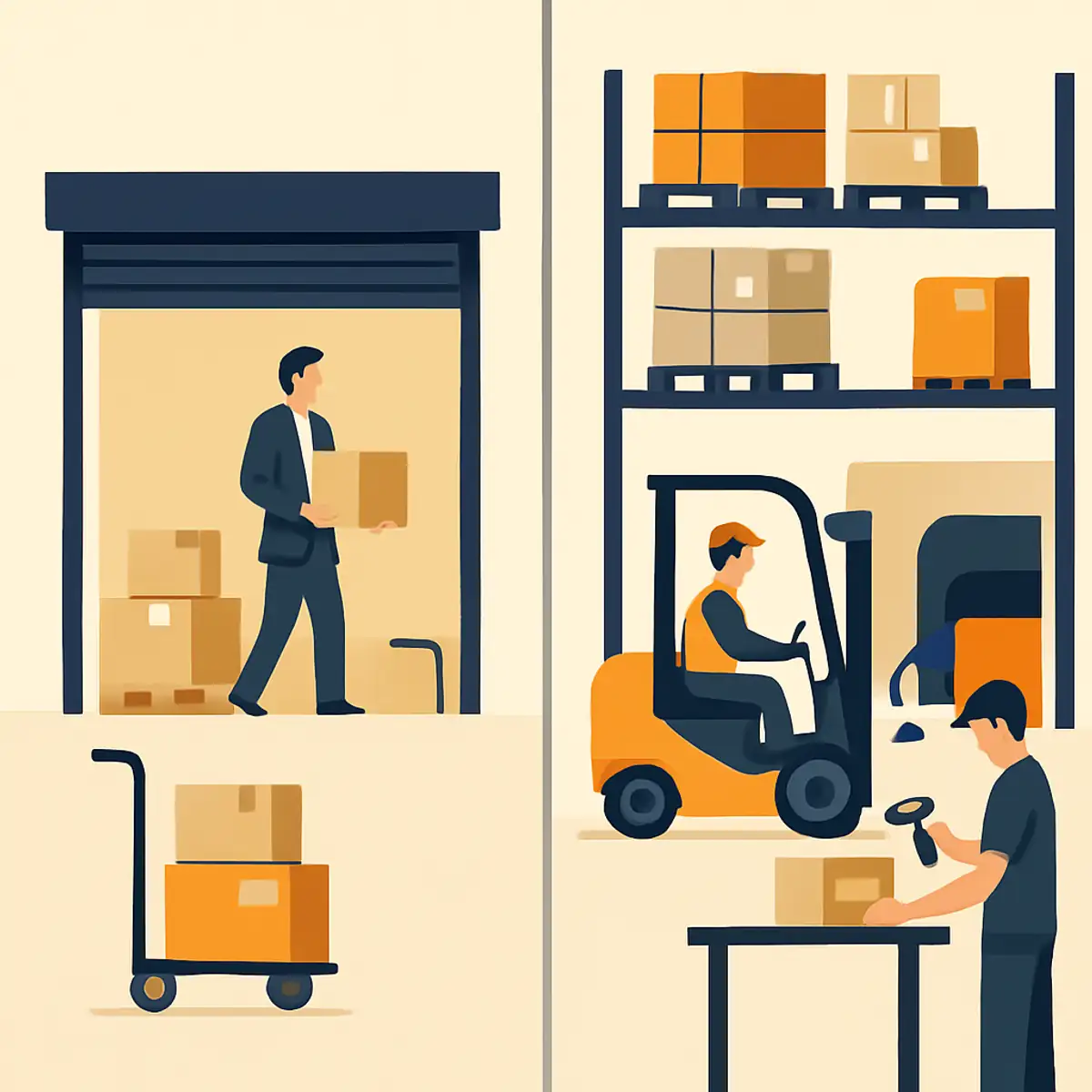 Comparison scene showing a self-storage unit interior on the left versus a 3PL warehouse operational floor on the right, with brand orange accents on inventory labels and operational tools, illustrating the difference between storage as a passive service versus storage as part of active fulfillment
