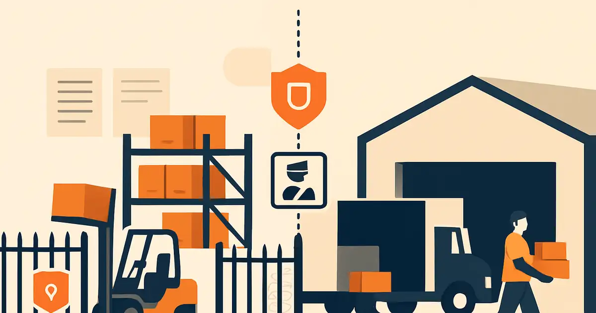 Split warehouse scene contrasting a fenced Designated Zone facility with mainland industrial warehouse, brand orange accents on the customs checkpoint and inventory flow markers