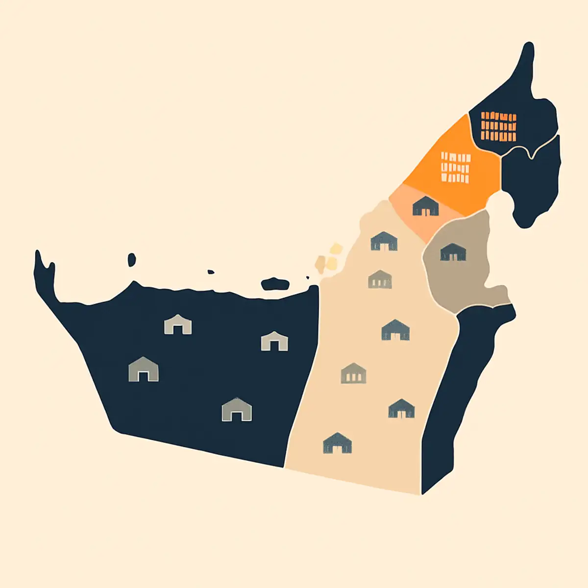 UAE map visualization showing Designated Zones highlighted in brand orange, regular Free Zones in lighter shades, and mainland industrial areas, with customs checkpoint icons at zone boundaries