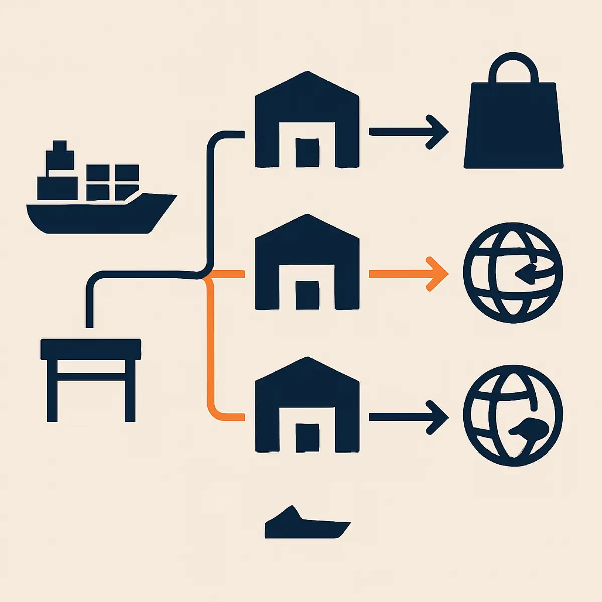 Cost flow visualization showing inventory moving from China through UAE customs into different storage setups, with brand orange highlighting the Designated Zone duty-deferral path versus the mainland upfront-payment path