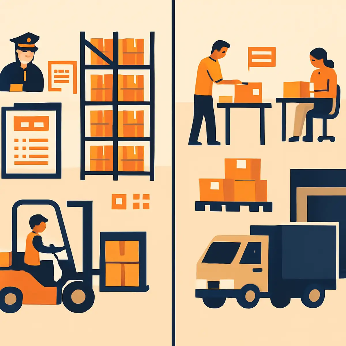 Side-by-side warehouse comparison showing a Designated Zone facility with customs checkpoint and a mainland industrial warehouse with standard loading dock operations, brand orange accents on the customs documentation and inventory tracking elements