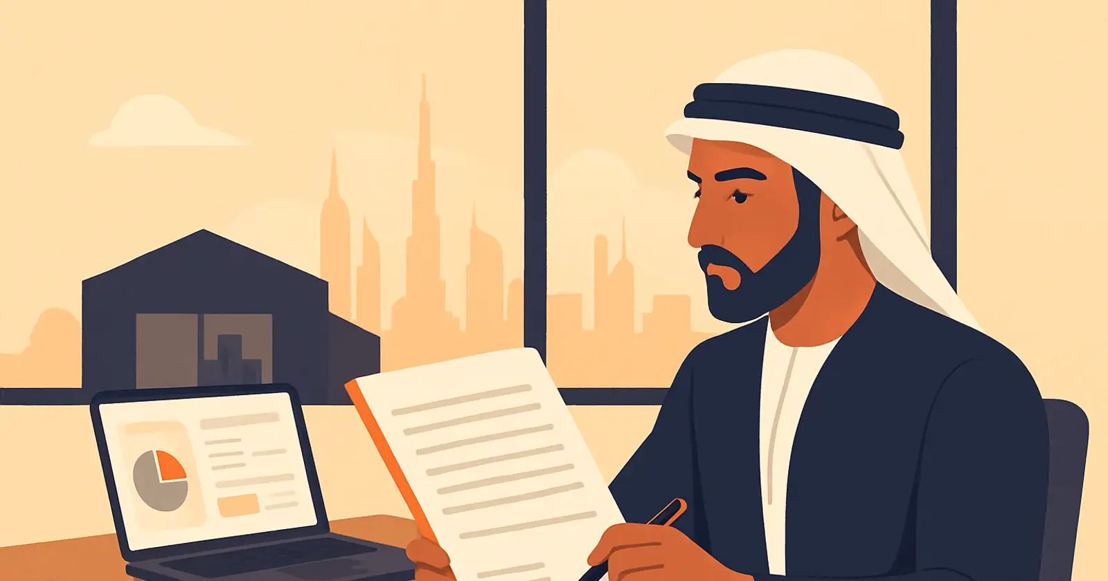 A UAE seller reviewing a 3PL contract at a clean desk, warehouse silhouette through the window, pen poised over the signature line