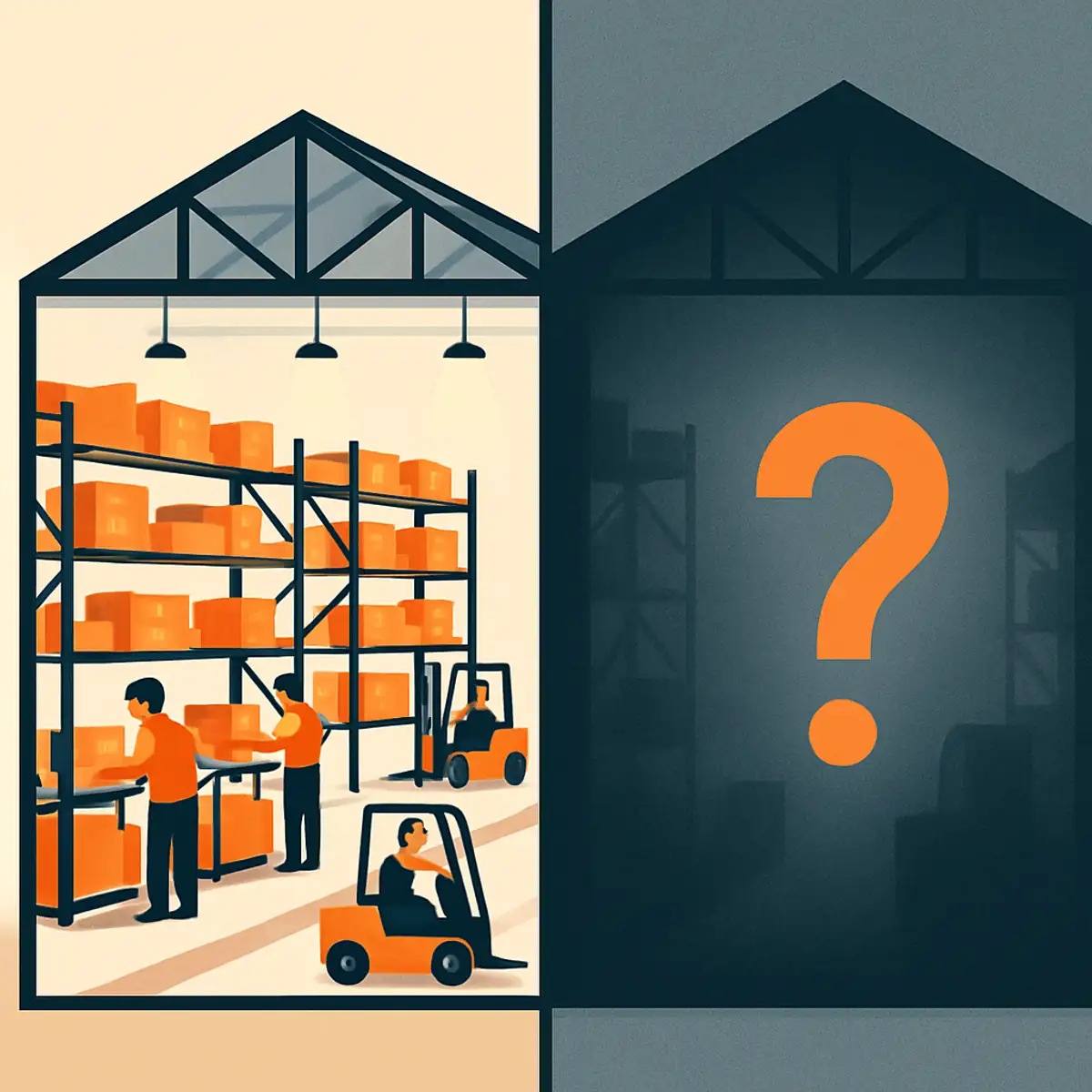 Two warehouses shown in cross-section, one transparent with visible workflows and one opaque with a question mark