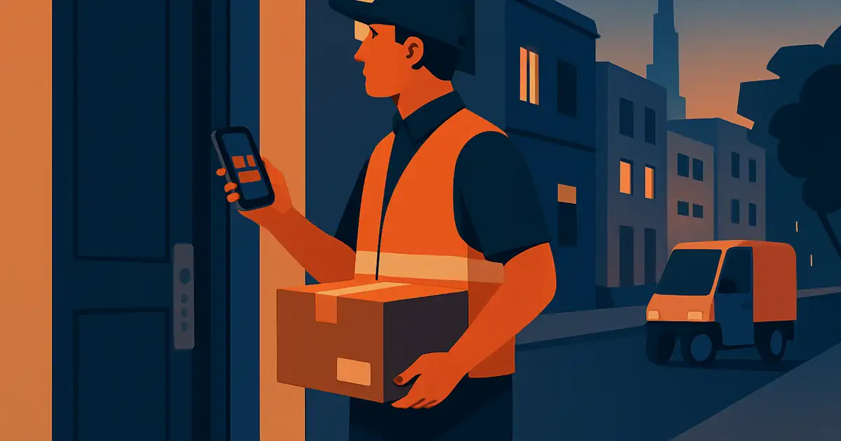 Dubai street delivery scene at dusk showing a courier with a parcel at a closed apartment door, smartphone visible attempting customer contact, brand orange accents on the courier vest and the package