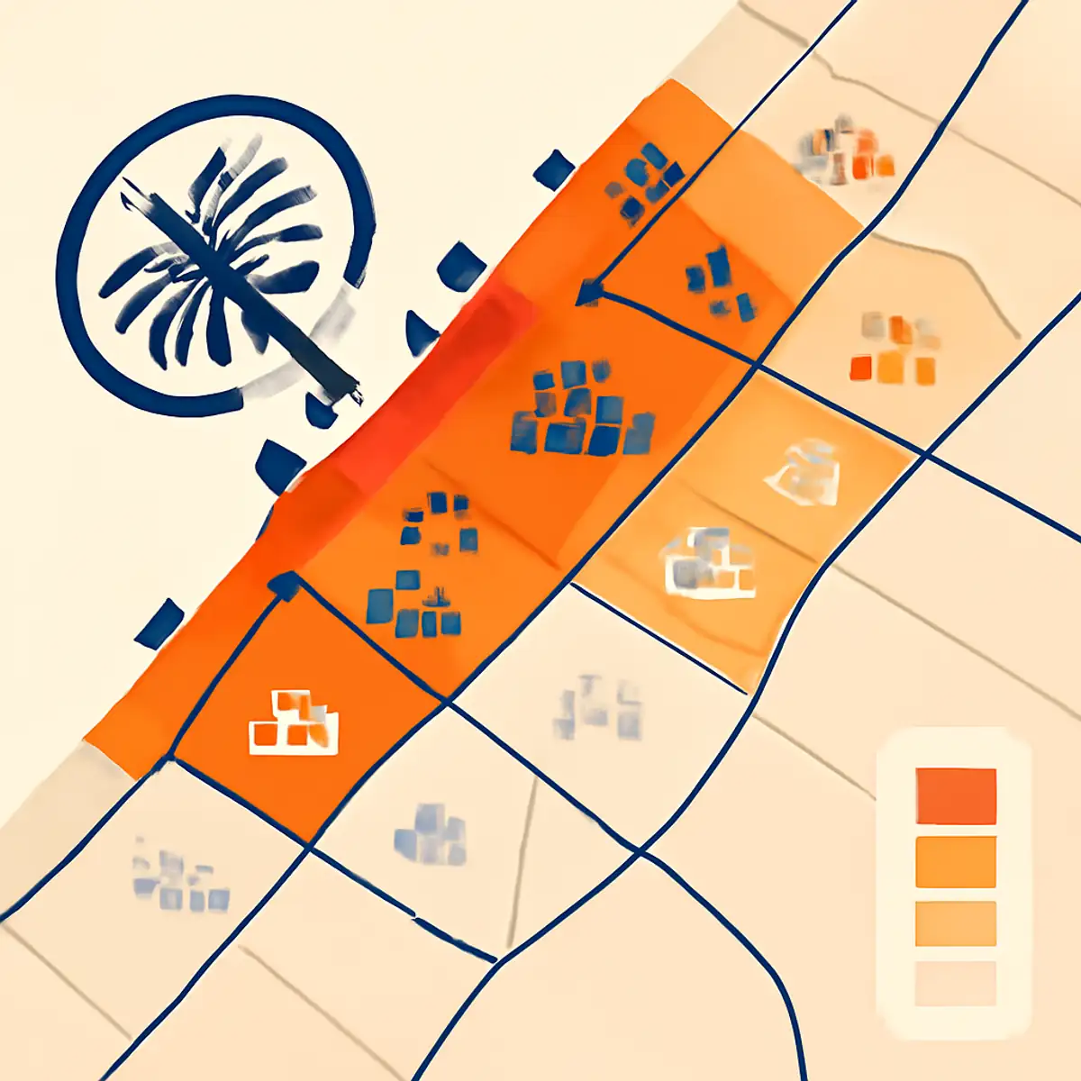 Dubai delivery zone heat map showing first-attempt success rates by neighborhood, with brand orange highlighting high-success urban zones and lighter shades indicating challenging gated-community and outer-emirate zones