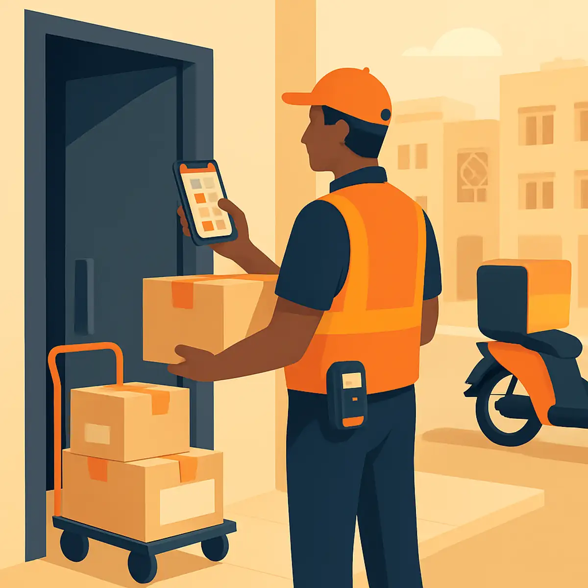 Dubai street delivery scene at dusk showing a courier with parcels at a doorstep, smartphone in hand attempting customer contact, neighborhood architecture visible in background, brand orange accents on courier vest and package tape