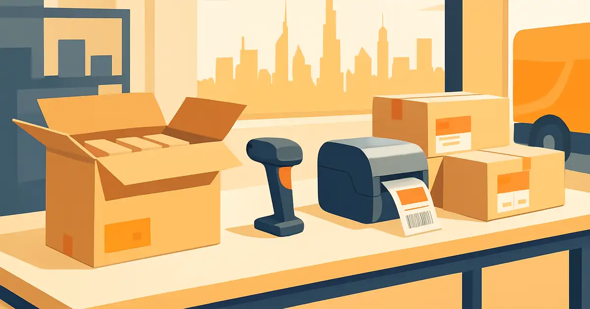 Inventory cartons being prepared for Noon Fulfillment Center inbound, with brand orange accents on the labels and inspection tools