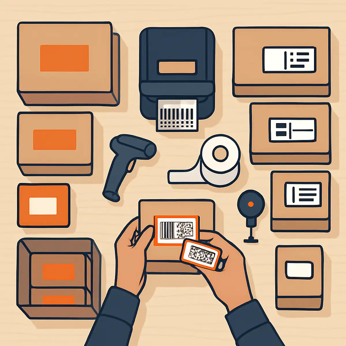 Three-section workstation prep scene showing FBN-bound inventory on the left, FBP Directship inventory on the right, with shared inspection and labeling tools in the center, brand orange accents on the active labeling tools