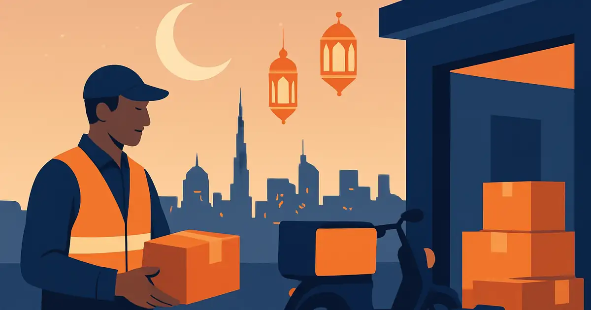 Post-iftar UAE delivery scene at twilight with a courier preparing parcels for night dispatch, brand orange accents on the active operation and an illuminated cityscape backdrop