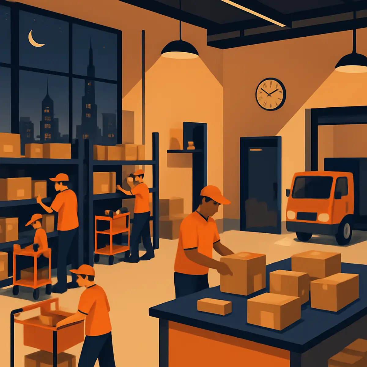 Post-iftar fulfillment workstation scene showing pickers preparing evening dispatch wave under warm interior lighting, with brand orange accents on the active sorting and packing tools, illuminated city skyline visible through windows