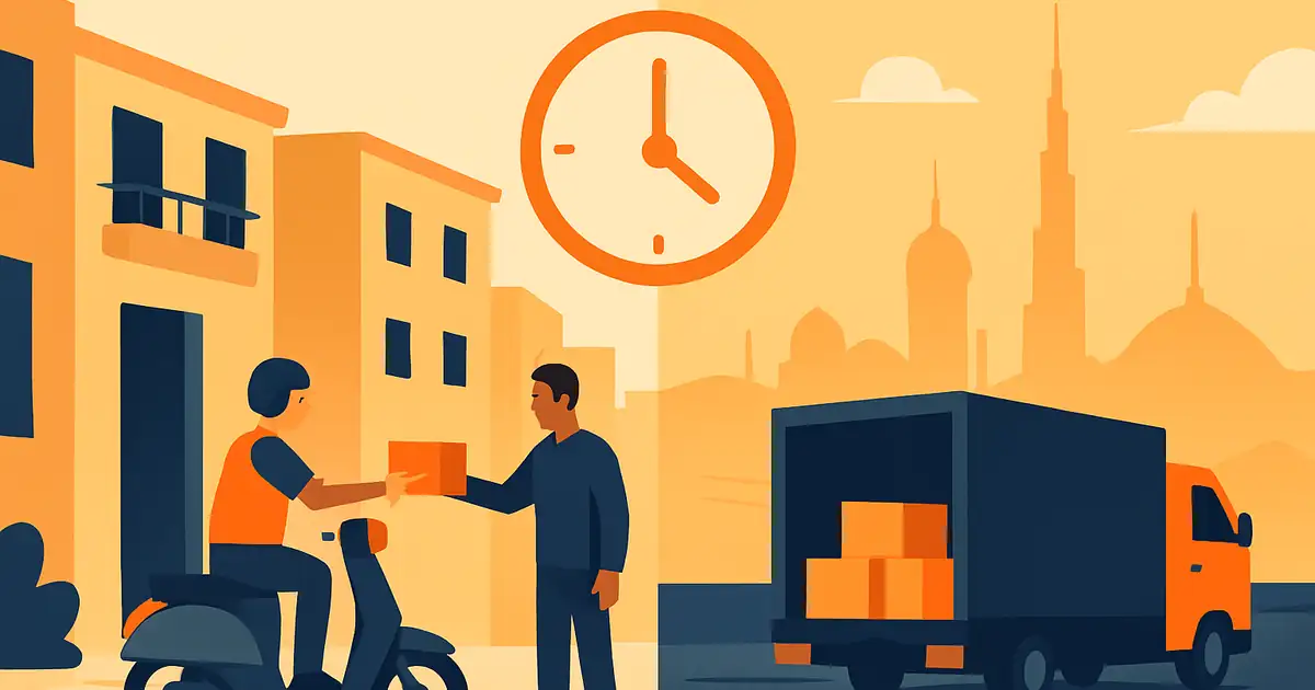 UAE delivery scene at golden hour with two contrasting vehicle types representing same-day urban delivery and next-day longer-distance routes, brand orange accents on the active dispatch elements