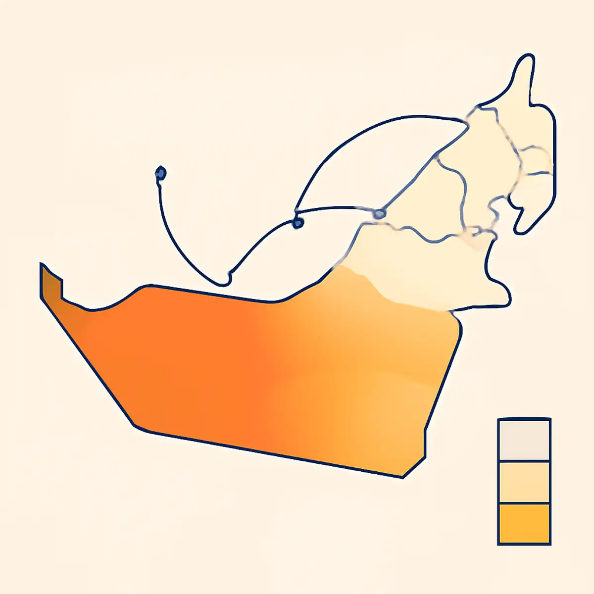 UAE map visualization showing same-day delivery coverage by emirate, with Dubai and Abu Dhabi in dense brand-orange coverage and the northern emirates in lighter shades indicating reduced same-day availability