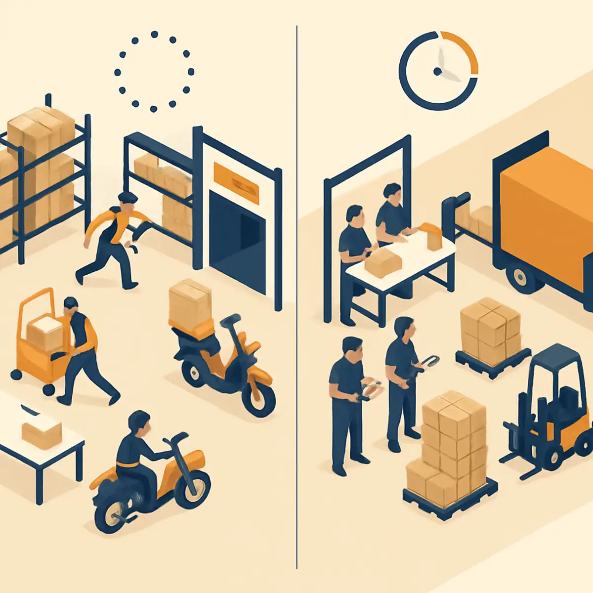 Workstation comparison scene showing express same-day operations on the left with urgent picking activity, and next-day batched operations on the right with steady picker workflow, brand orange accents on the active workflow elements in both