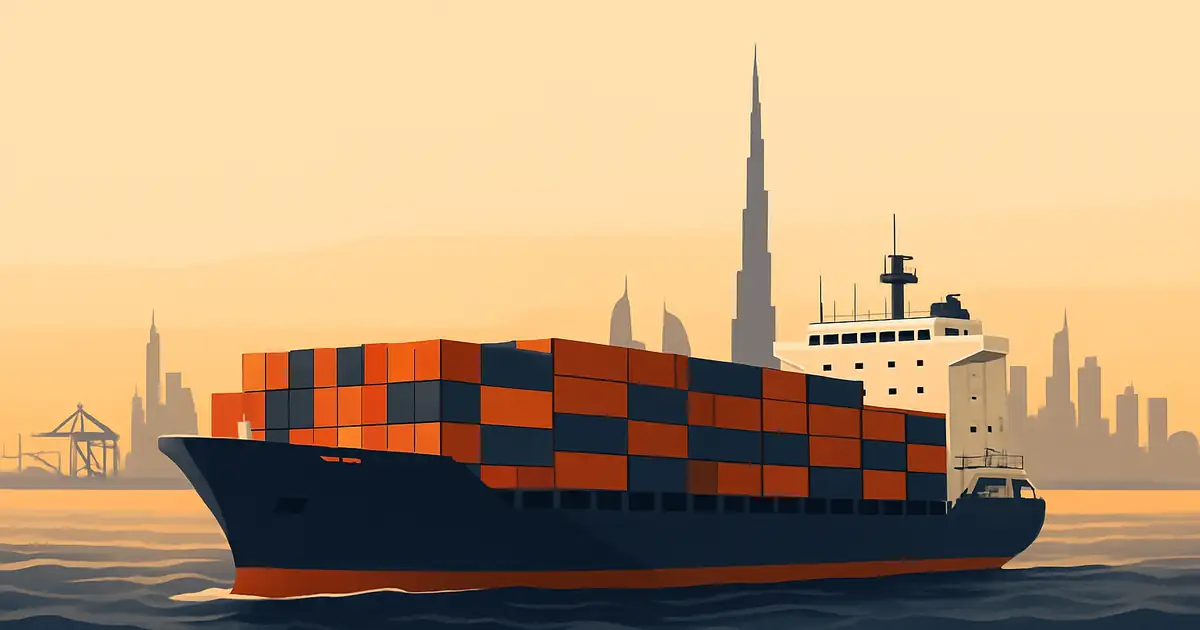 Container ship at sea approaching Jebel Ali port at golden hour, stacked containers in brand orange accents against a navy ocean