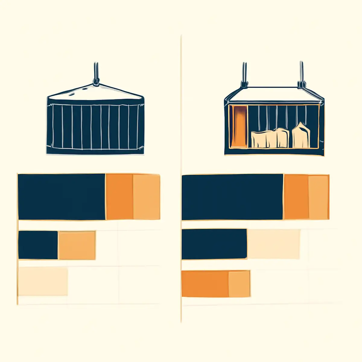 Side-by-side cost breakdown for FCL versus LCL shipping from China to UAE, with stacked horizontal bars showing relative cost weights