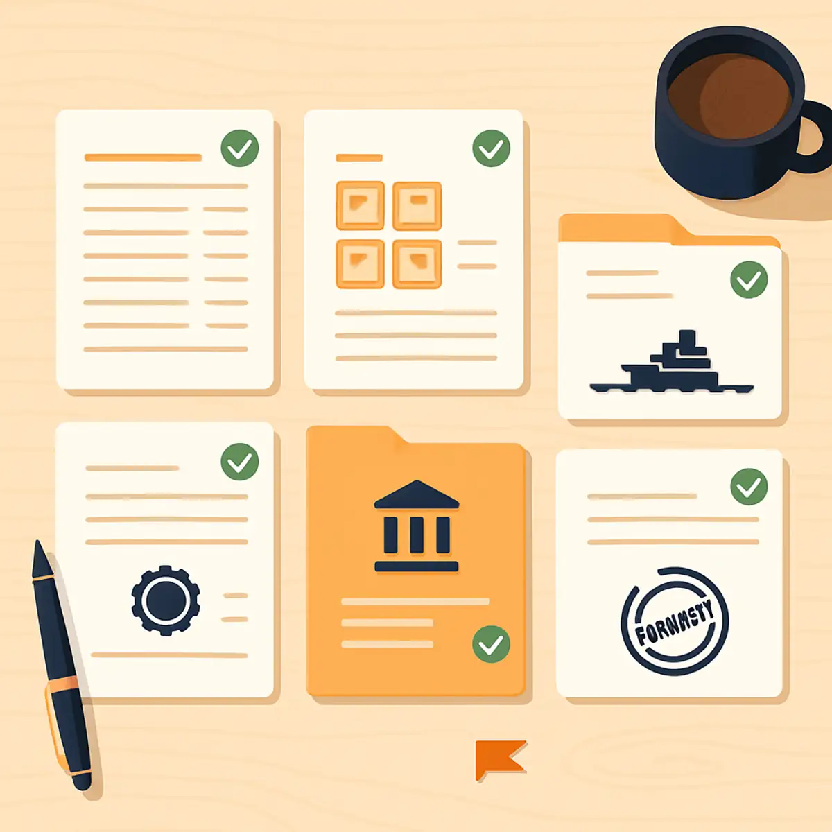 Document checklist for UAE sea freight imports, showing seven document types arranged on a desk with checkmarks and one flagged item in brand orange