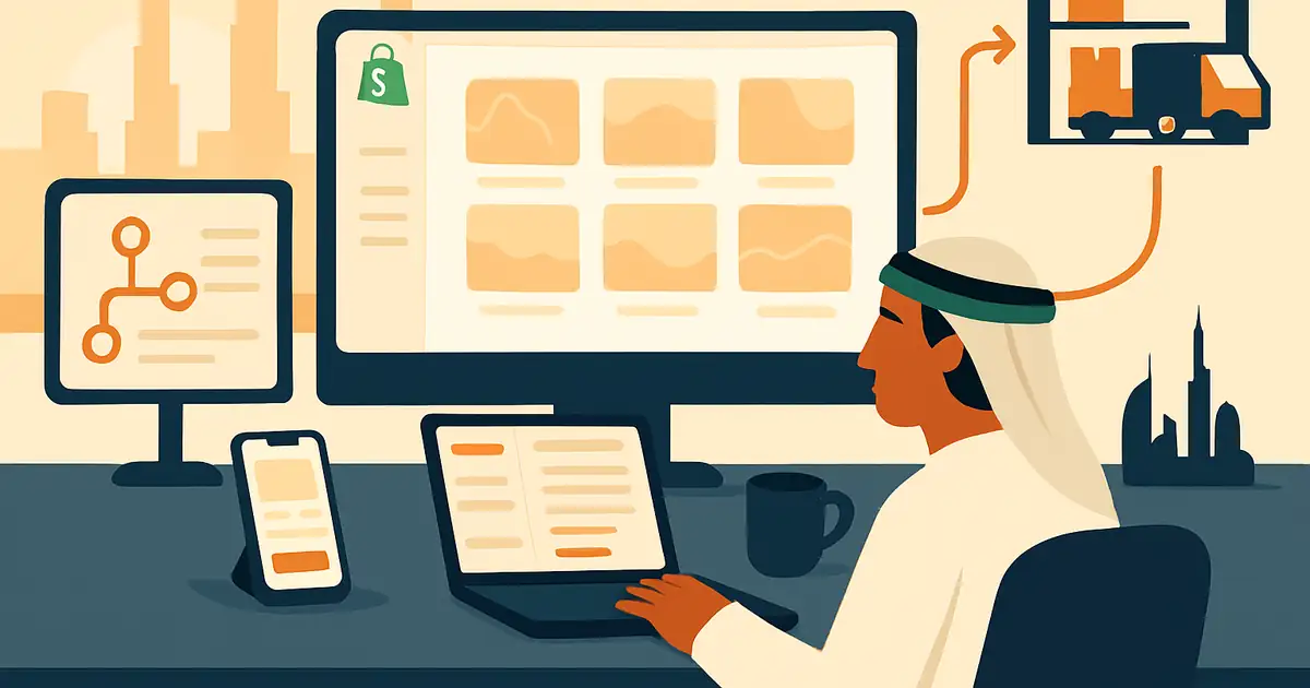 Shopify storefront and fulfillment dashboard side by side, with brand orange accents on the order flow lines connecting customer order to warehouse pick to last-mile delivery