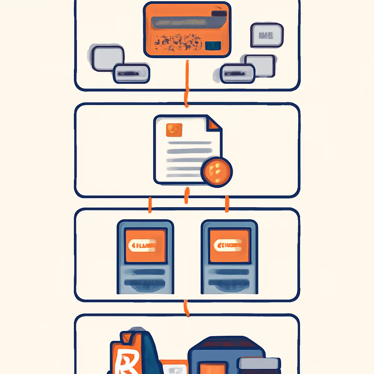 UAE Shopify ecosystem visualization showing payment gateways on the left, VAT and tax configuration in the center, BNPL services on the right, and fulfillment integration as the underlying foundation, with brand orange highlighting the connections between layers