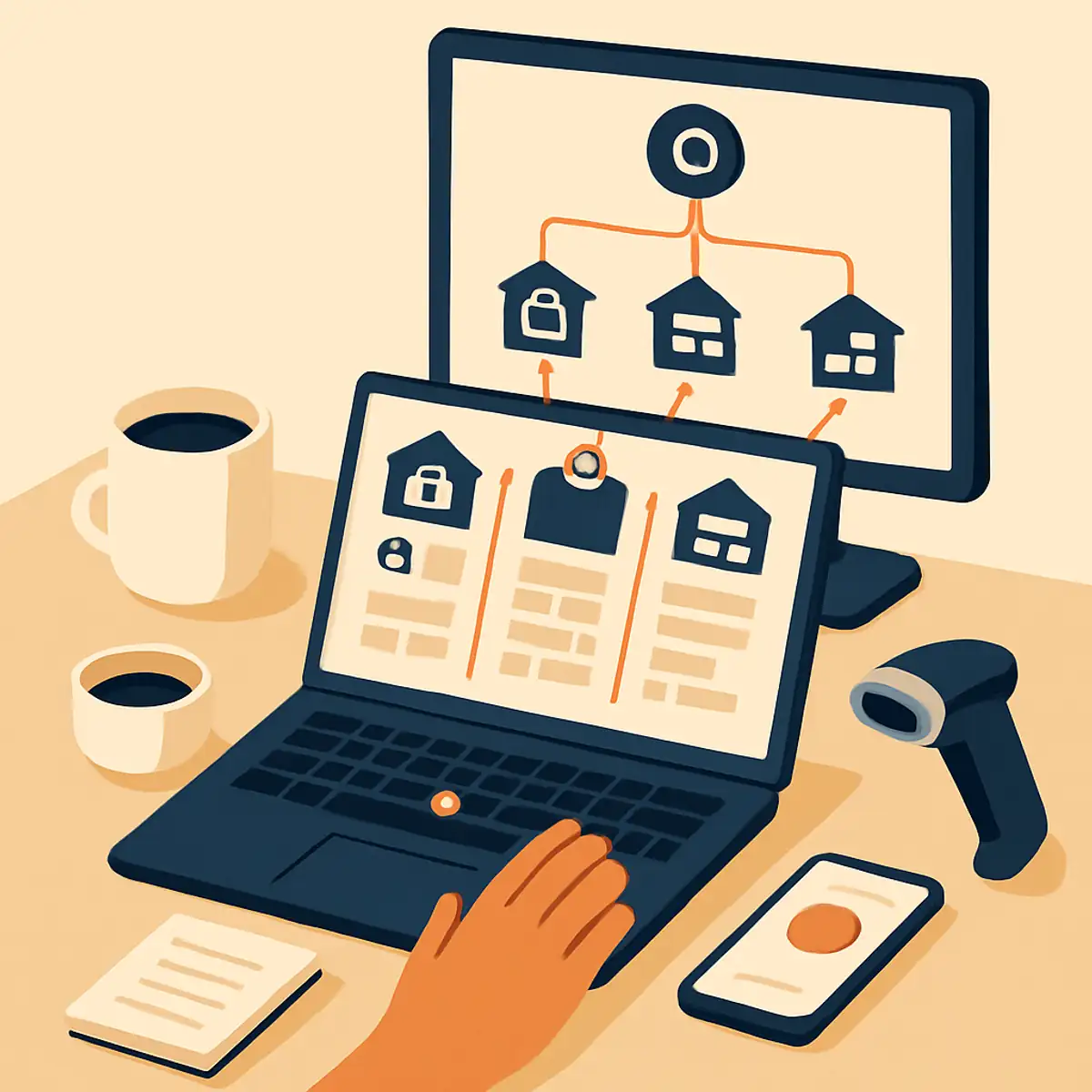 Workstation scene showing a multi-channel dashboard with Shopify, Amazon UAE, and Noon inventory levels syncing in real time from a central source, with brand orange highlighting the synchronized inventory counts