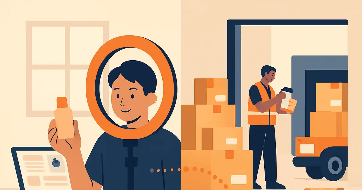 Creator filming a product unboxing on a smartphone with parcels and ring lights in the foreground, with a warehouse fulfillment scene visible through a doorway, brand orange accents on the active filming setup and the dispatched packages