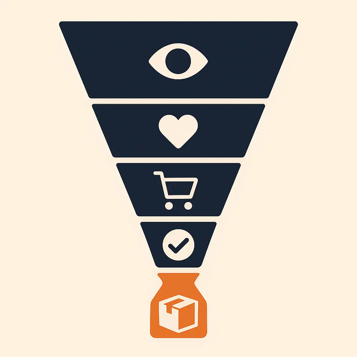 Creator-to-cart conversion funnel visualization showing the multiplication effect from creator views to cart-adds to orders to dispatched parcels, with brand orange highlighting the bottleneck zones where unprepared sellers fail